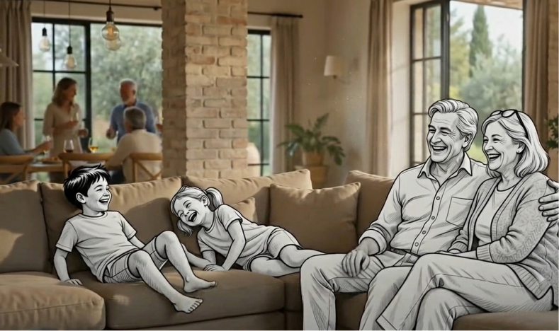 Family laughing together on a sofa