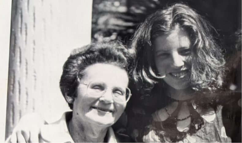 Vintage black and white portrait of grandmother and granddaughter